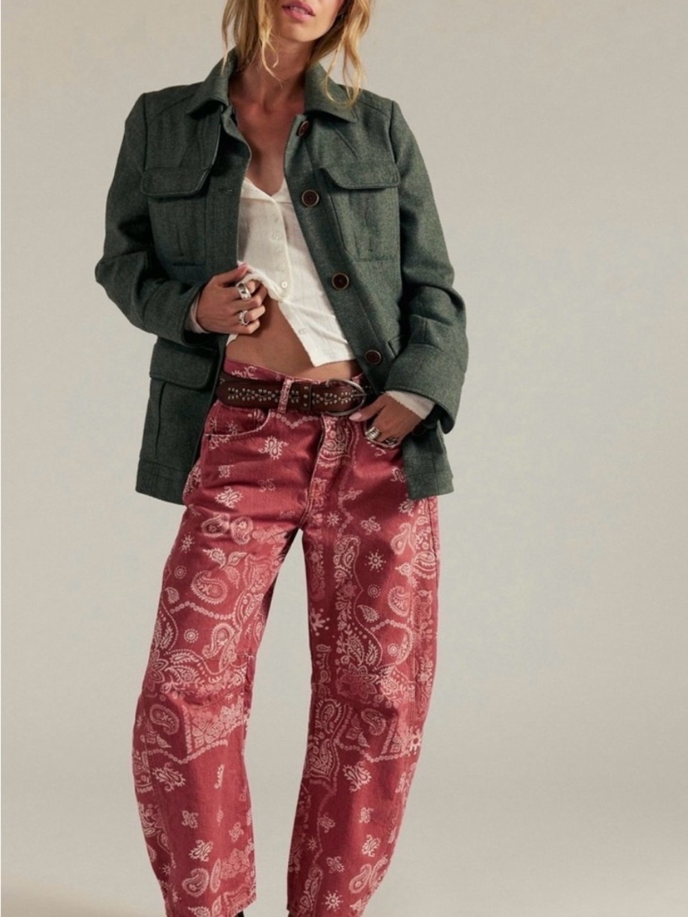 Free People High-Rise Paisley Bandana Print Women Barrel Jeans